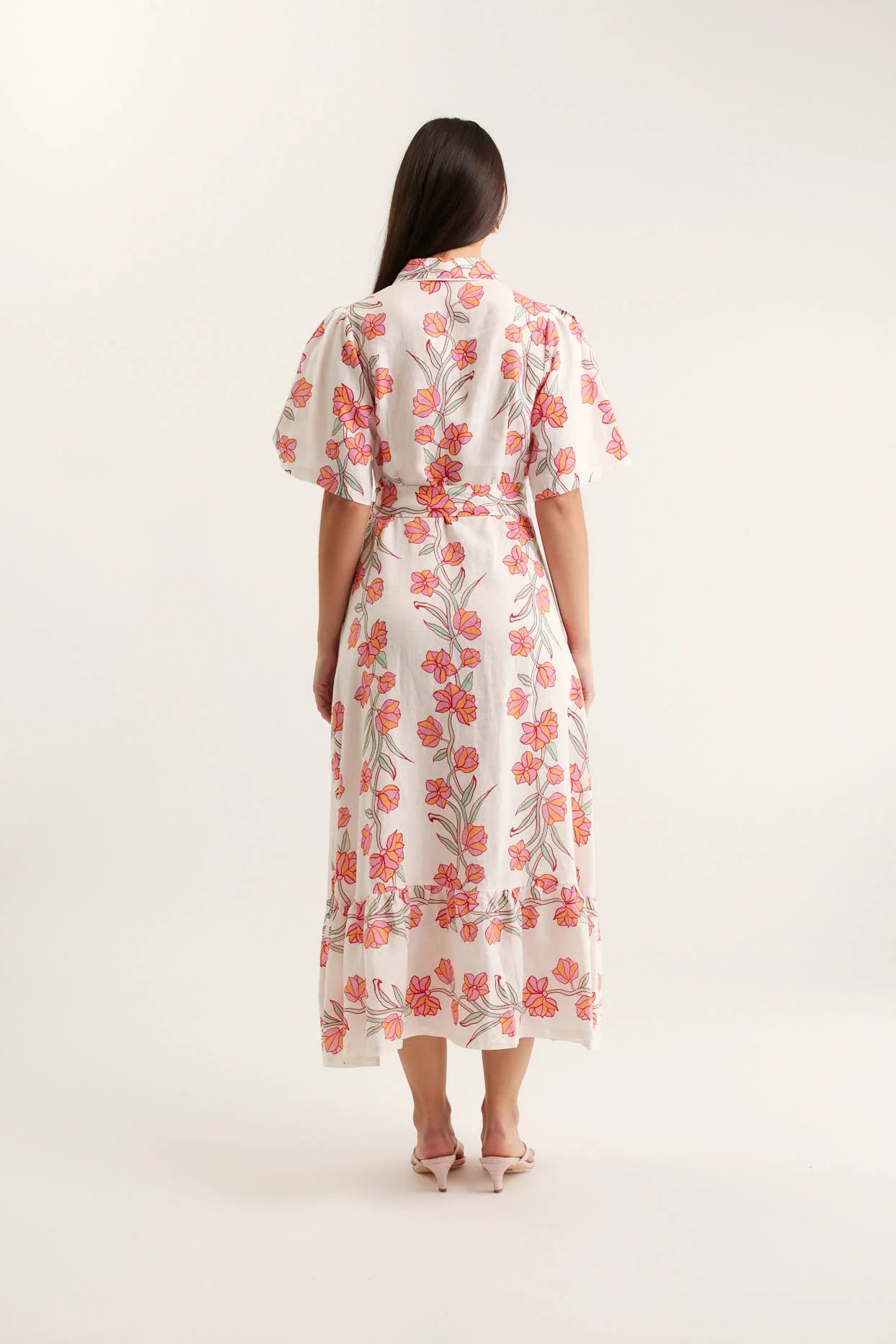 Emma Linen Dress in Pink Vine Print