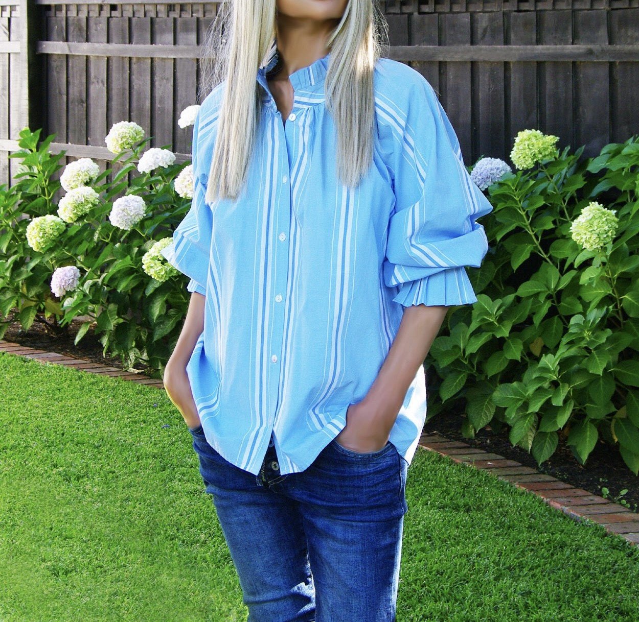 Olive Shirt - Chambray Blue Stripe